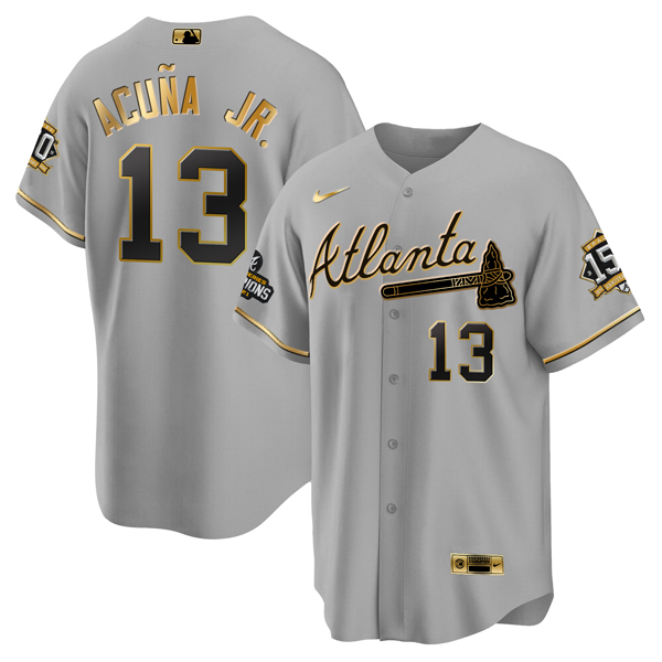 Men's Atlanta Braves #13 Ronald Acuña Jr. 2021 Grey/Gold World Series Champions With 150th Anniversary Patch Cool Base Stitched Jersey
